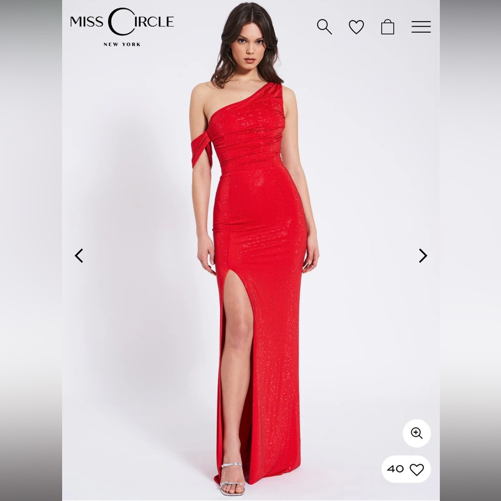 Miss Circle Pagent Red Mesh Rhinestone Embellished High Slit Gown